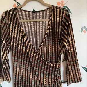 3/4 Sleeve Brown Y2K Faux Wrap Ruched V Neck A Line Knee Length Dress